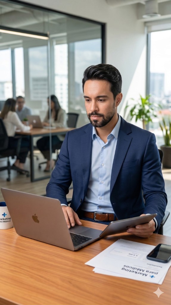 Profissional da NovaDoctor em ambiente de trabalho com materiais de marketing para médicos